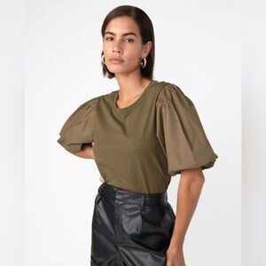 SANCTUARY Women's Dream State Cotton Puff-Sleeve Tee Olive shirt Size XS